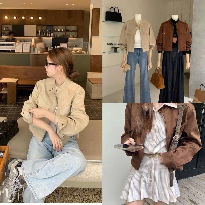 Áo Khoác da Lộn Cổ Tàu”MIJEE” dáng lửng dài tay cúc đồng dáng lửng style Ulzzang Jacket