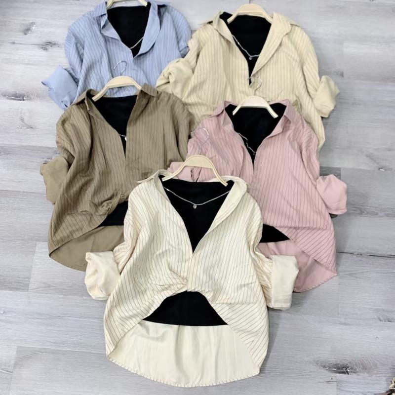Product Introduction of Áo Sơ Mi Nữ Kẻ Sọc Xoắn Bụng Chất Nhung Mền Mại Phong Cách Hàn Quốc Top Cotton Women Shirt 5