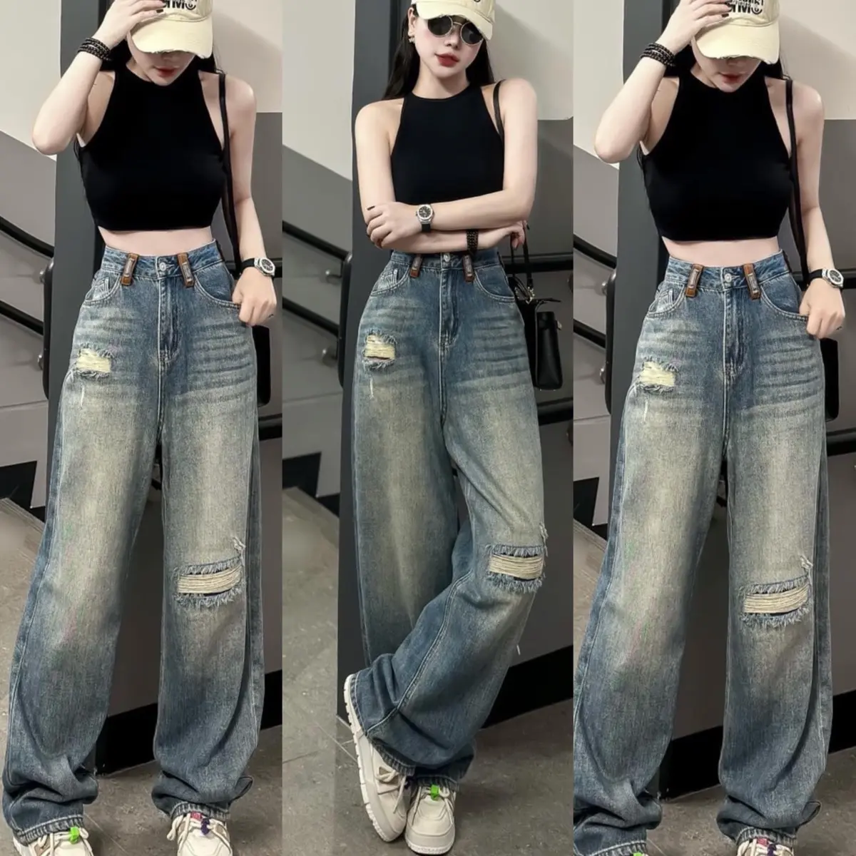 (S-2XL)HHCHOU-Quần Jeans Suông Rách  Màu Đậm Trầm Wash 2 Bên Lưng Kiểu  Vải Qc mềm 2233 Pants Nữ Women