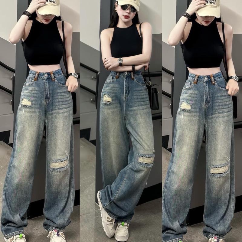 S-2XL HHCHOU-Quần Jeans Suông Rách Màu Đậm Trầm Wash 2 Bên Lưng Kiểu Vải Qc mềm 2233 Pants Nữ Women
