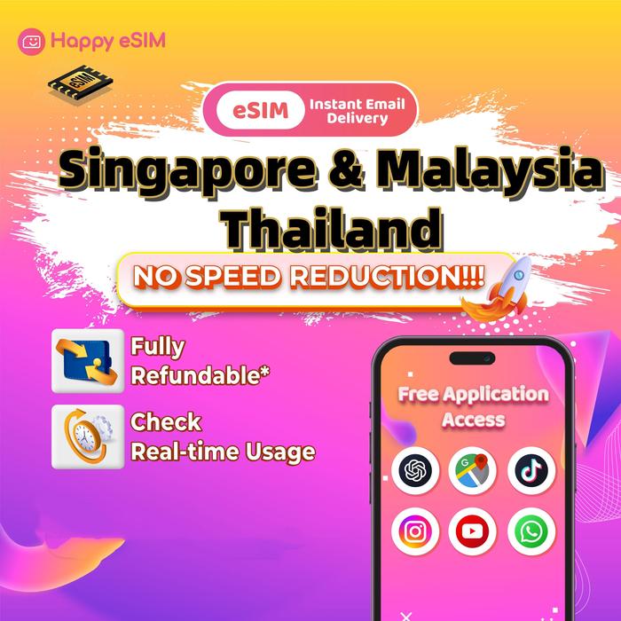 Gambar Happyesim eSIM Singapore Malaysia Thailand Unlimited Internet Data| Travel eSIM Malaysia eSIM Thailand - 500M/HARI, 3HARI dari Happyesim Kota Tangerang Tokopedia