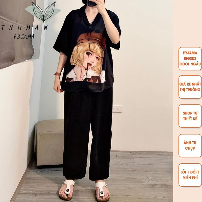 Bộ Pijama Bigsize cô gái mũ nâu cộc dài mặc nhà dành cho nữ, mẹ bầu từ 60kg - 90kg.