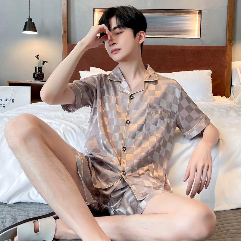 Bộ Đồ Ngủ Lụa Băng Kẻ Sọc Cho Nam, Phong Cách Hàn Quốc, Dáng Rộng, Thường Ngày, Ngắn Tay, 1 Bộ 0