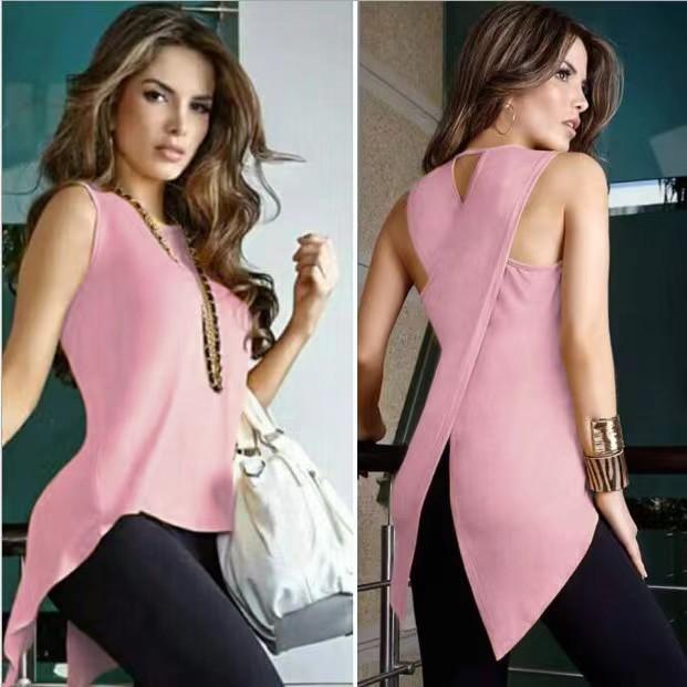 Product Introduction of Áo Thun Hở Eo Chéo Lưng Bất Đối Xứng Phong Cách Âu Mỹ Áo Không Tay Gợi Cảm, Màu Trơn Cổ Tròn, Xu Hướng Năm 2024 18