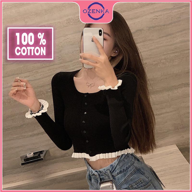 Áo khoác cardigan croptop tay dài nữ OZENKA , ao crt ôm body dệt kim len gân đẹp 100% cotton đen trắng free size Áo Len