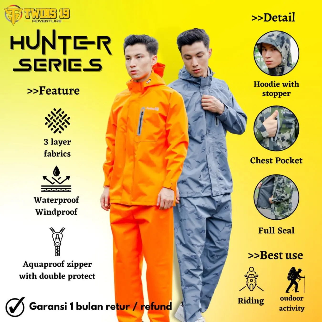 Jas hujan Pria Wanita Outdoor Hunter series TWINS19 raincoat setelan waterproof Zipper