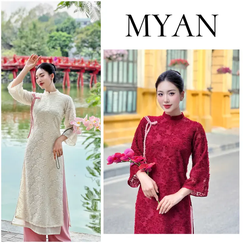 [SẴN HÀNG]Áo dài Tết, áo dài cách tân Hoài An, 4 tà dáng suông lông vũ đính nơ cách điệu, mẫu mới hottrend, đón Tết du xuân 2025,  đi tiệc cưới, nữ, women dress - Áo Dài Mỹ An 0