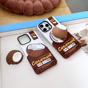 เคสโทรศัพท์กันกระแทกสร้างสรรค์, การออกแบบมะพร้าว 3 มิติ, เข้ากันได้กับ iPhone 16 Pro Max และ iPhone 14 13 ใหม่, ส่วนบุคคล, น่ารักและสนุกสนาน, ขาตั้งมะพร้าว, เคสฟิล์มแม่เหล็ก, 15 Pro