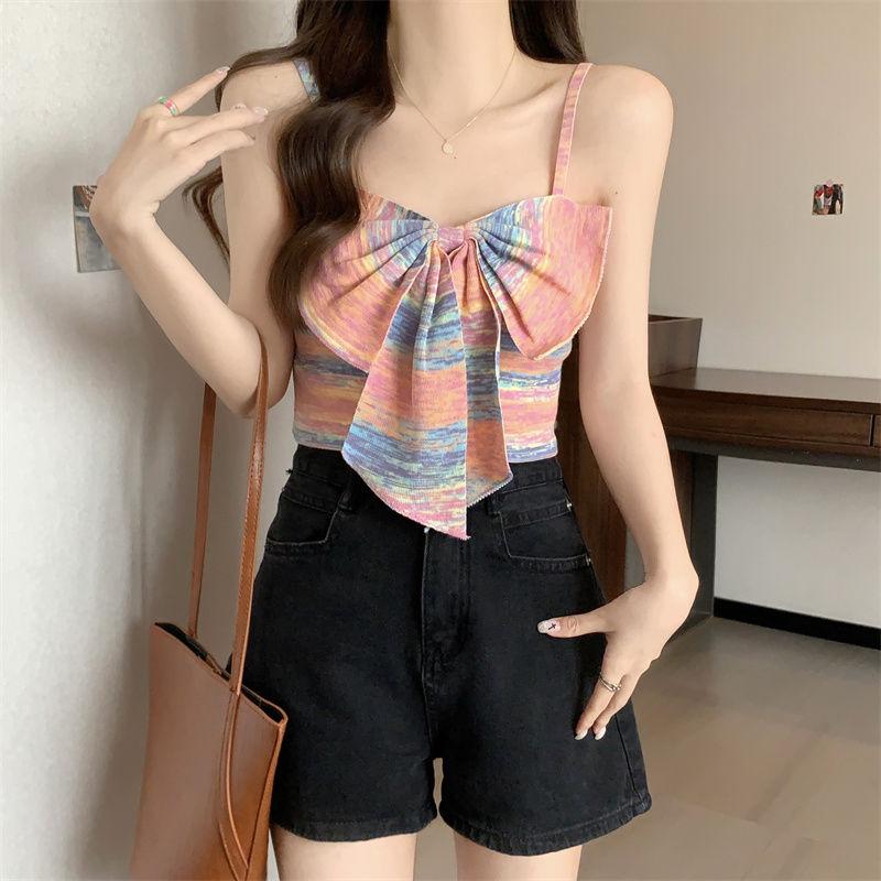 Product Introduction of Sweet and Spicy Style Striped Small Sling Vest Women's Summer Inner Wear Outer Wear Design Sense Niche Bow Sleeveless Short Top turtleneck  tank Lingerie Plaid Spaghetti Strap tank  top camisole  tops baby  tee 26