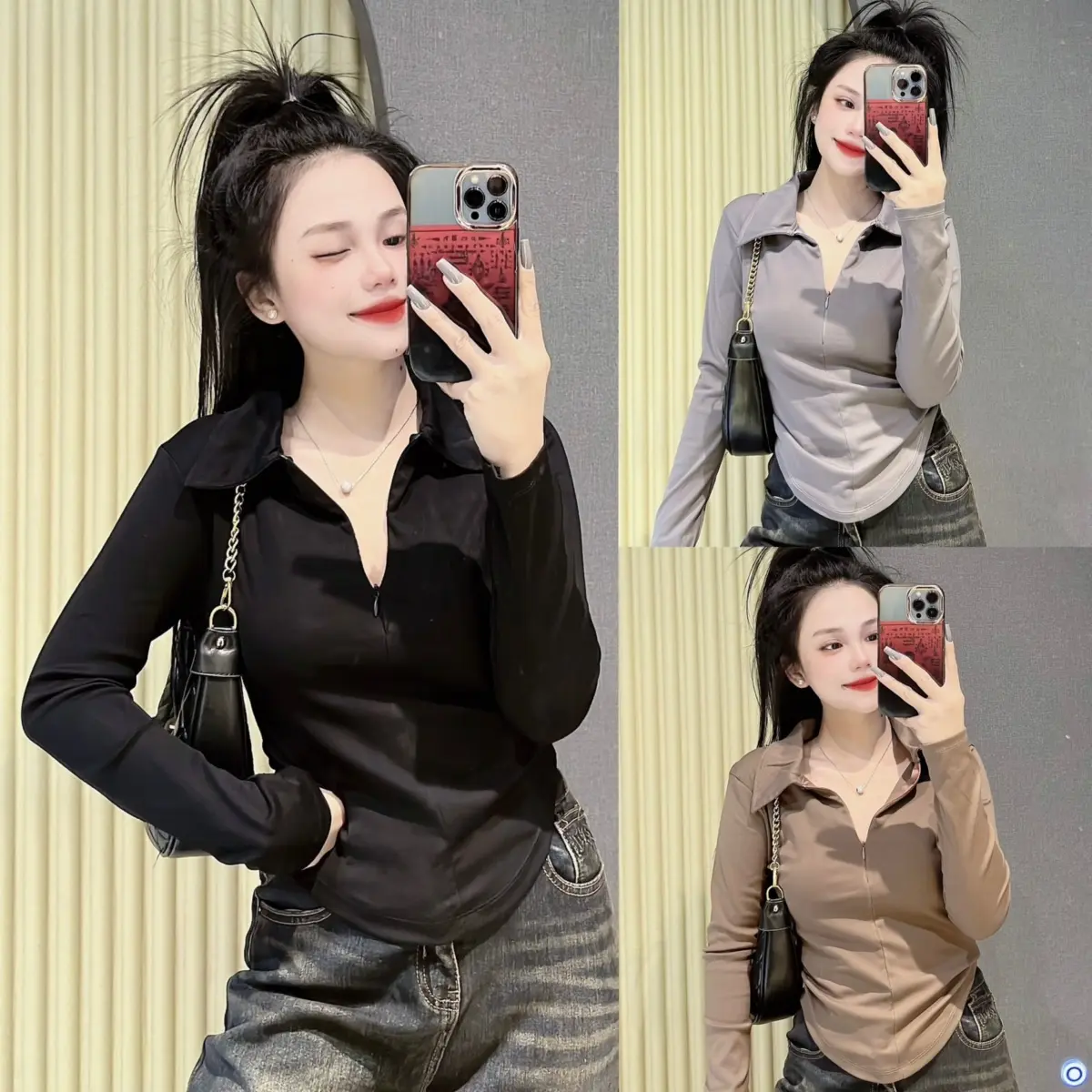 [ Có Size 35kg - 60kg ] Áo thun PHOM ÔM body nữ Tay Dài cổ bẻ phối khoá kéo ôm sát ( Cổ bẻ khoá kéo Mã TD ) Top Women