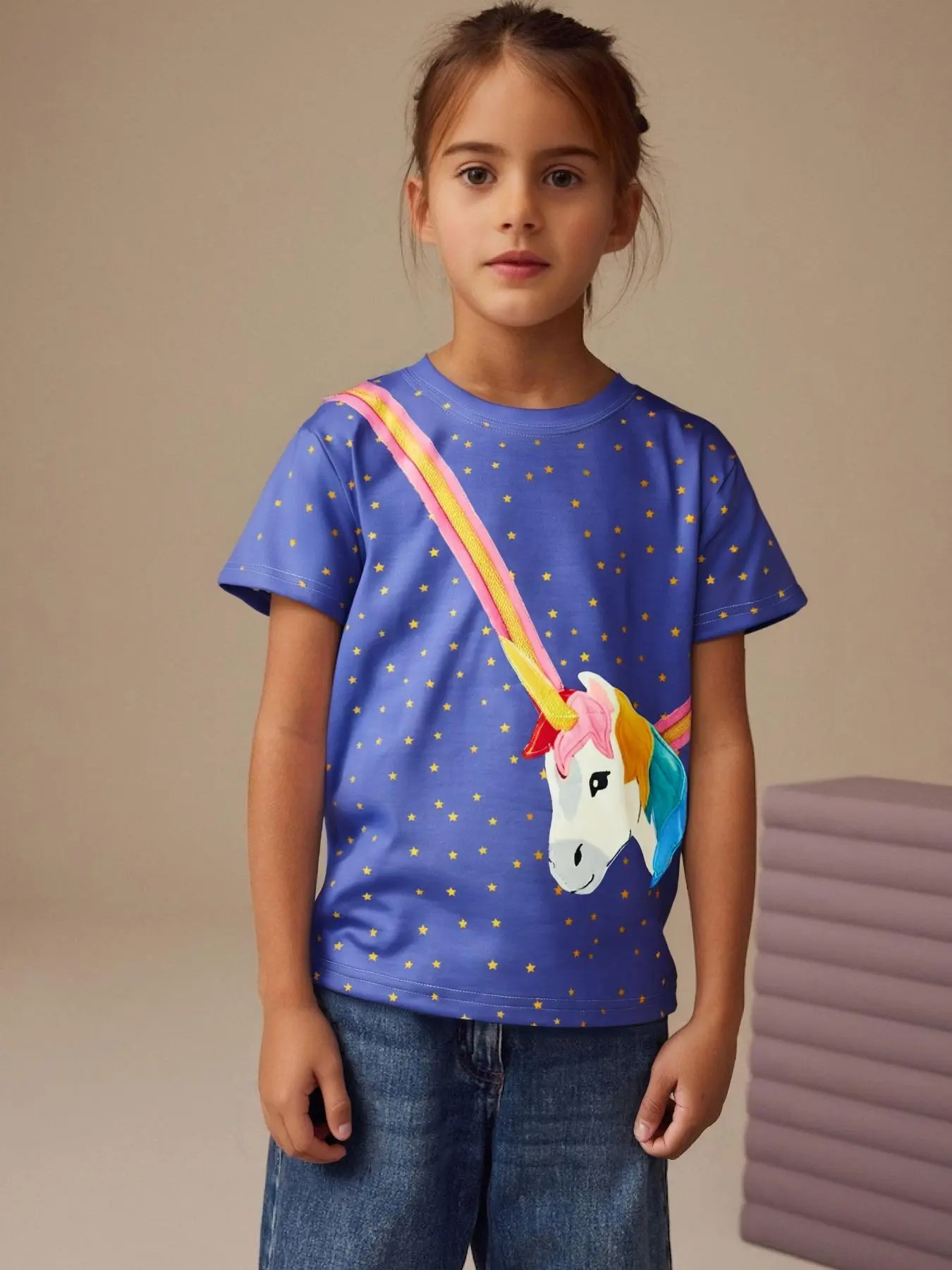 Girl's Unicorn Print Round Neck Tee, Cute Casual Crew Neck Short Sleeve T-Shirt for Summer, Kids Clothes for Daily Wear