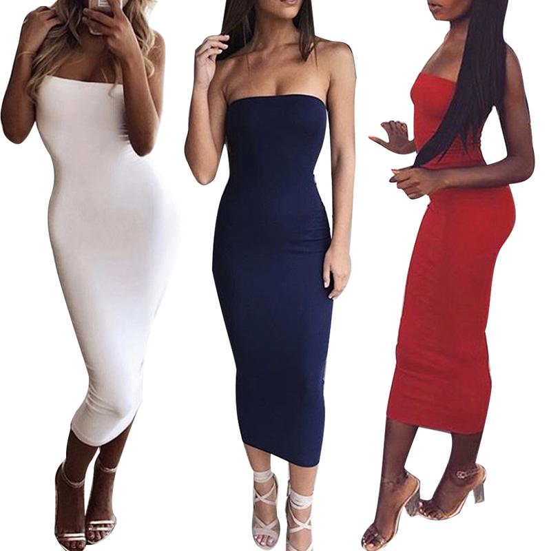 Fw.Q-Evening Party Night Club Sexy Women Solid Color Strapless Bodycon Long Dress 1
