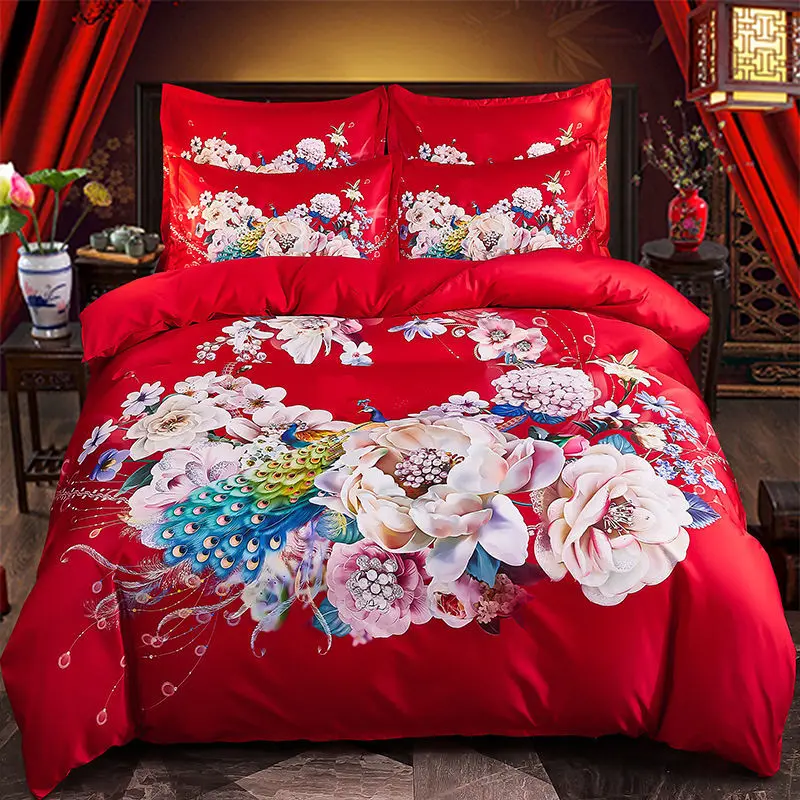 Bộ Bốn Món Đám Cưới, Màu Đỏ Tươi, Ga Trải Giường Dày, Vỏ Chăn, Vỏ Chăn Đôi, Bộ Đồ Giường, Hàng Mới Về, Thích Hợp Làm Quà Cưới 6