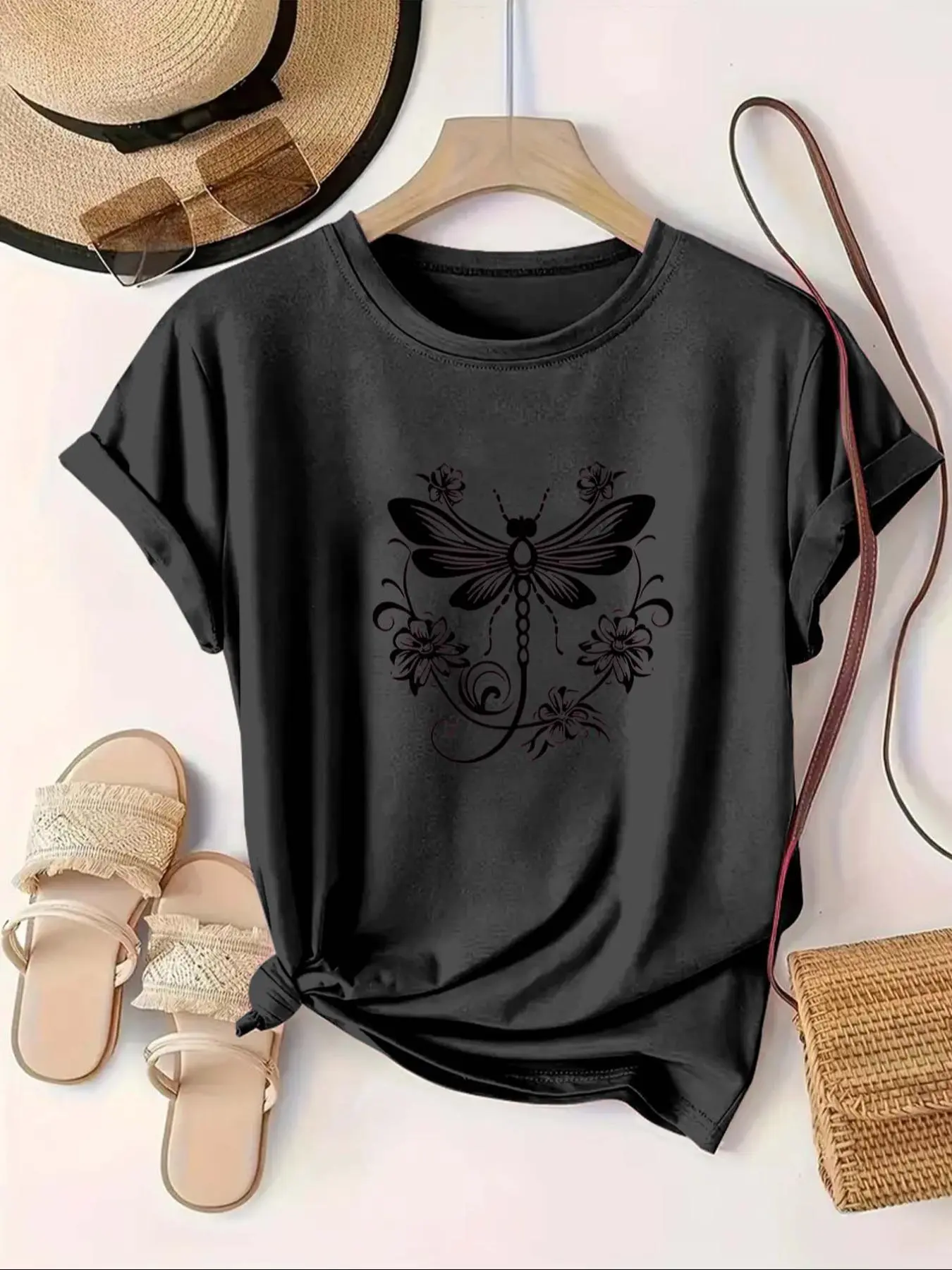 【Plus Size】Dragonfly & Floral Print Round Neck Tee, Casual Short Sleeve T-shirt for Summer, Women's Plus Clothing for Daily Wear