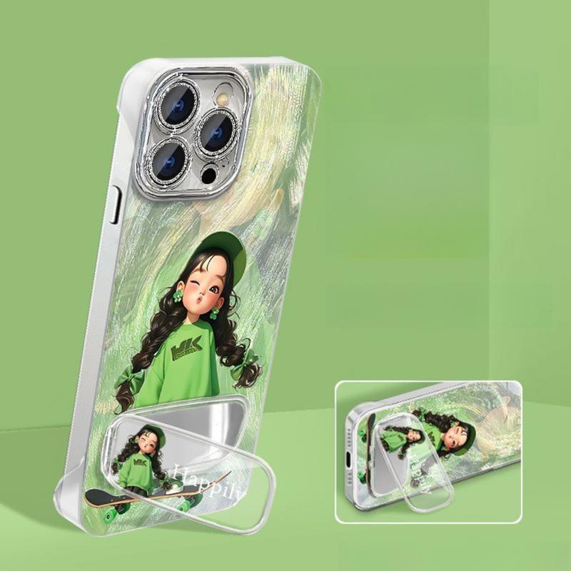 Ốp Điện Thoại Cô Gái Ván Trượt, Không Viền Sợi Lông Vũ, Tương Thích Với iPhone 16, 15, 14, 13, 12, 11, Pro Max, 16, 15, 14 Plus, XR, X, XS Max, Có Phim Ống Kính Tích Hợp, Ốp Lưng Chống Sốc, Có Giá Chân Đế Gương Nhỏ