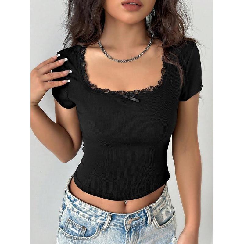 Women's Plain Lace Trim Ribbed Crop Tee, Casual Short Sleeve T-shirt for Summer, Ladies Clothes for Daily Wear 2