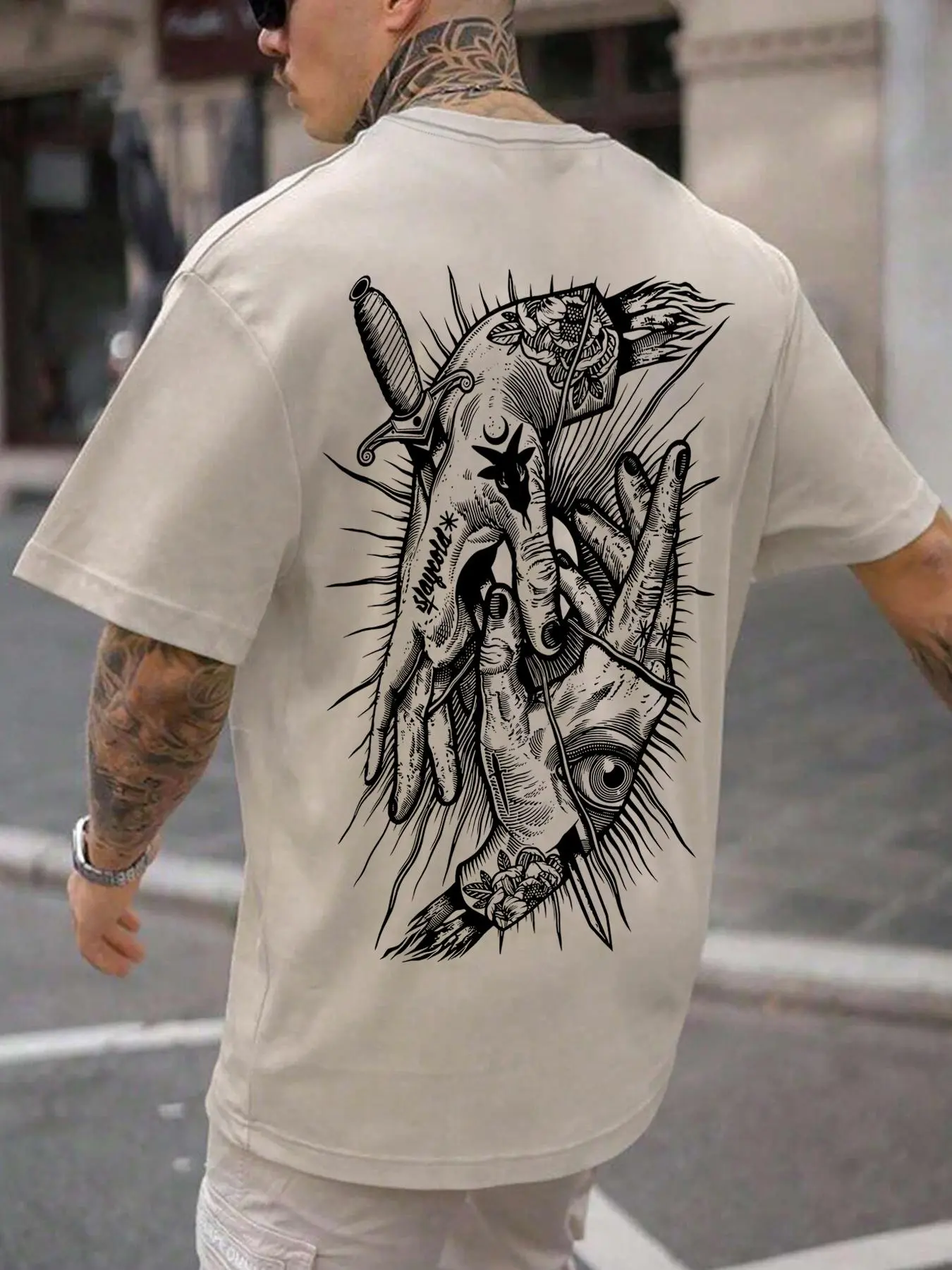 Unisex Men's Cartoon Hands Print Drop Shoulder Round Neck Tee, Regular Fit Street Casual Crew Neck Short Sleeve T-shirt for Summer, Menswear for Daily Wear, Tall Clothing Women, Going Out Tops