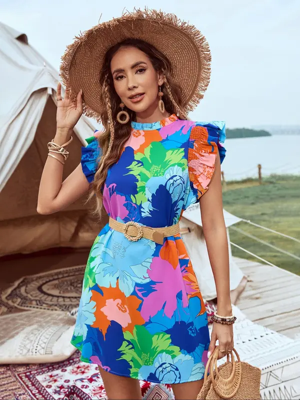 Women's Floral Print Frill Trim Shirred Ruffle Trim Dress, Casual Butterfly Sleeve Mock Neck Short Dress for Summer, Women's Clothing for Beach Holiday, Dresses for Women 5