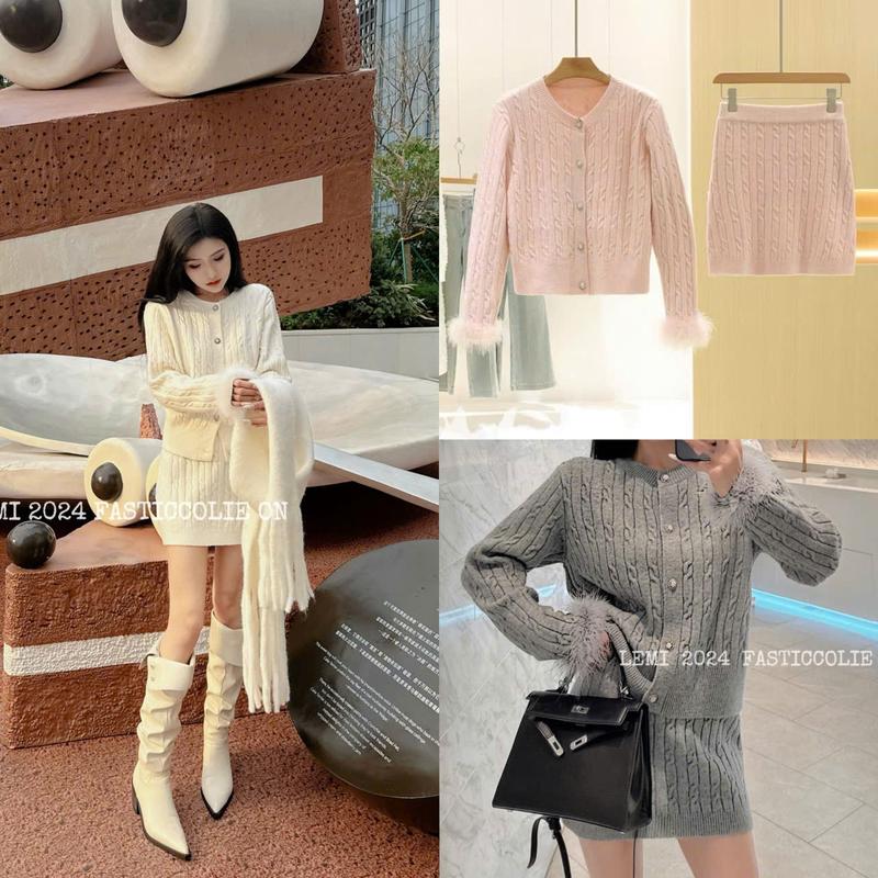 Set len áo kèm chân váy ngắn tay đính lông cúc bạc hàng quảng châu cao cấp