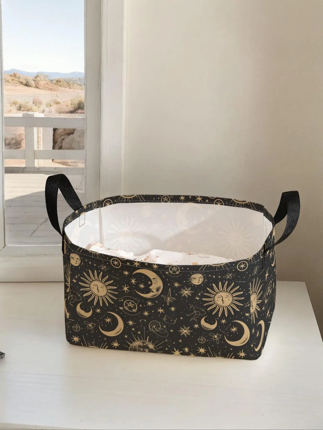 Star & Moon Pattern Storage Basket with Handle, Multi-functional Storage Basket, Foldable Clothes Storage Basket, Home Organizer for Living Room, Bathroom, Kitchen