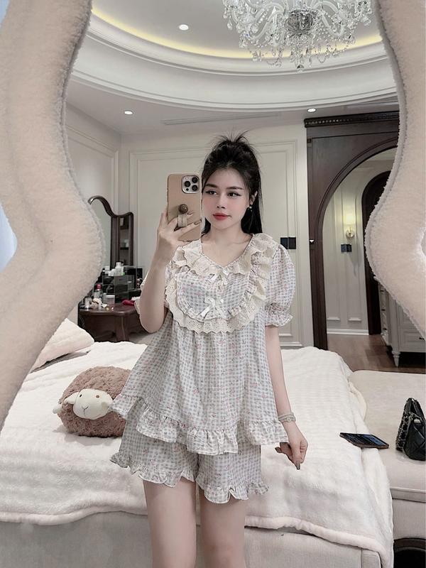 Bộ Ngủ Nữ Chất Vải Đũi Hàn Mềm, Đồ Bộ Tiểu Thư Quần Có Túi Free Size 40-62KG - C01 5