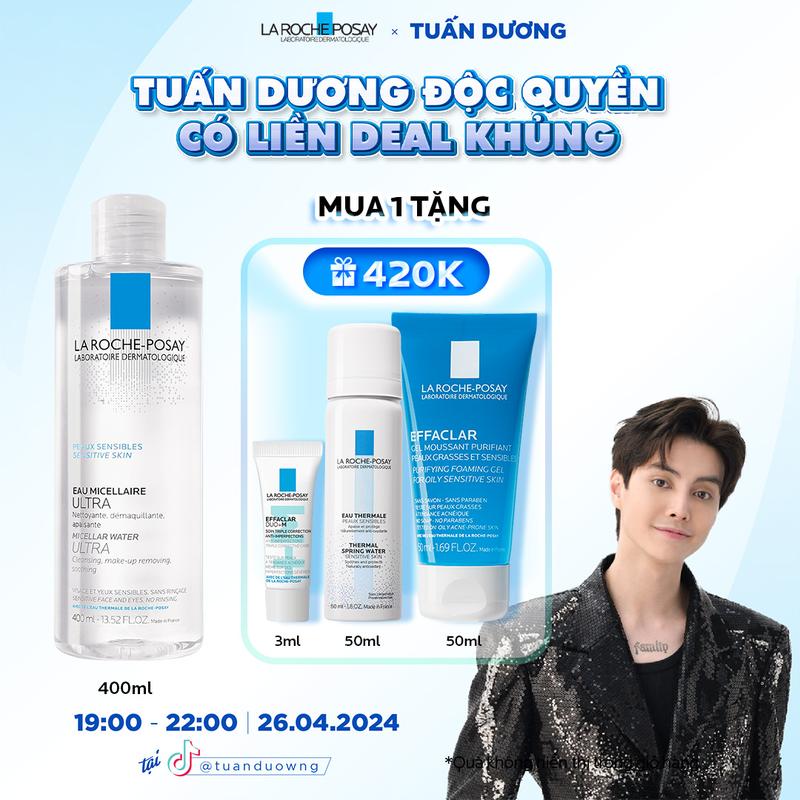 [LRP X TUẤN DƯƠNG] NƯỚC TẨY TRANG DA NHẠY CẢM GIÀU KHOÁNG LA ROCHE POSAY 400ML Tặng 1 Gel rửa mặt 50ml + 1 Xịt khoáng giúp làm dịu da 50ml + 1 Kem dưỡng Effaclar Duo+ M 3ml