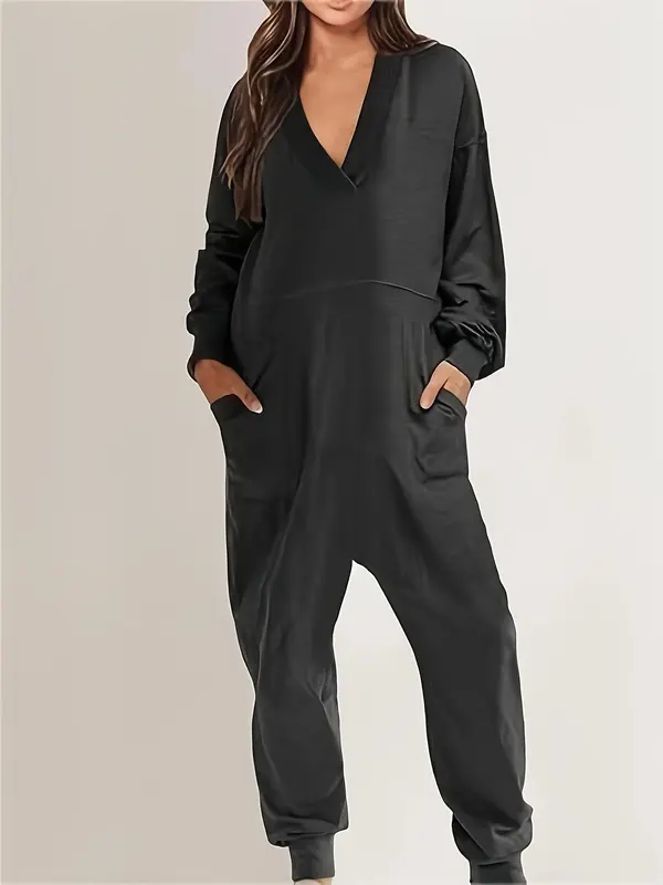 Women's Solid Color V Neck Long Sleeve Jumpsuit, Casual Comfy Pocket Jumpsuit for Fall & Winter, Women's Jumpsuit for Daily Wear 0
