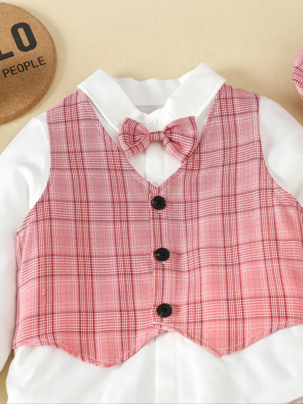 Three-piece Set Boy's Bow Tie Button Front Shirt & Elastic Waist Pants & Plaid Print Vest Set with Hat,  Casual  Long Sleeve Collared Top & Pocket Trousers & Vest Set, Kids Spring Outfits 3