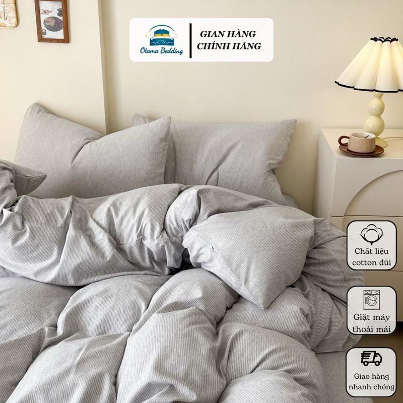 Bộ cotton đũi Hàn chăn ga gối 4 món (vỏ chăn chưa kèm ruột) hoạ tiết kẻ MJ mềm mại phong cách Hàn Quốc - Otama Bedding