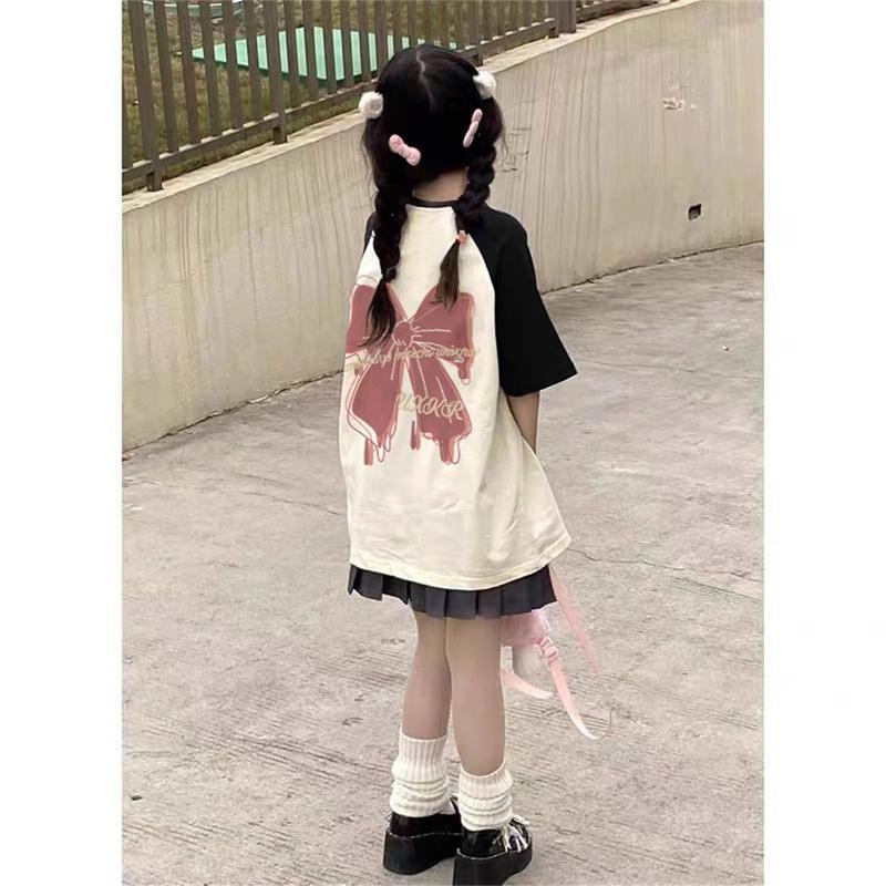 Áo Thun Ngắn Tay Raglan Thắt Nơ Phong Cách Preppy Nhật Bản, Cho Bé Gái, Chất Liệu Bông Mùa Hè, Thích Hợp Cho Trẻ Lớn, Thời Trang Phong Cách Phương Tây, Áo Học Sinh 0