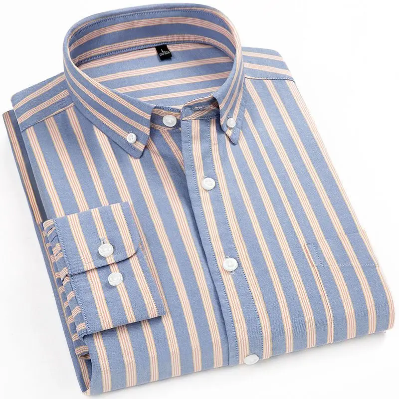 Áo Sơ Mi Kẻ Sọc Cotton Dài Tay Cho Nam, Áo Sơ Mi Kẻ Sọc Thường Ngày Oxford, Thanh Niên, Trung Niên, Ngoại Cỡ, Dáng Rộng, Mùa Xuân Và Mùa Thu， Menswear， Cổ Tròn