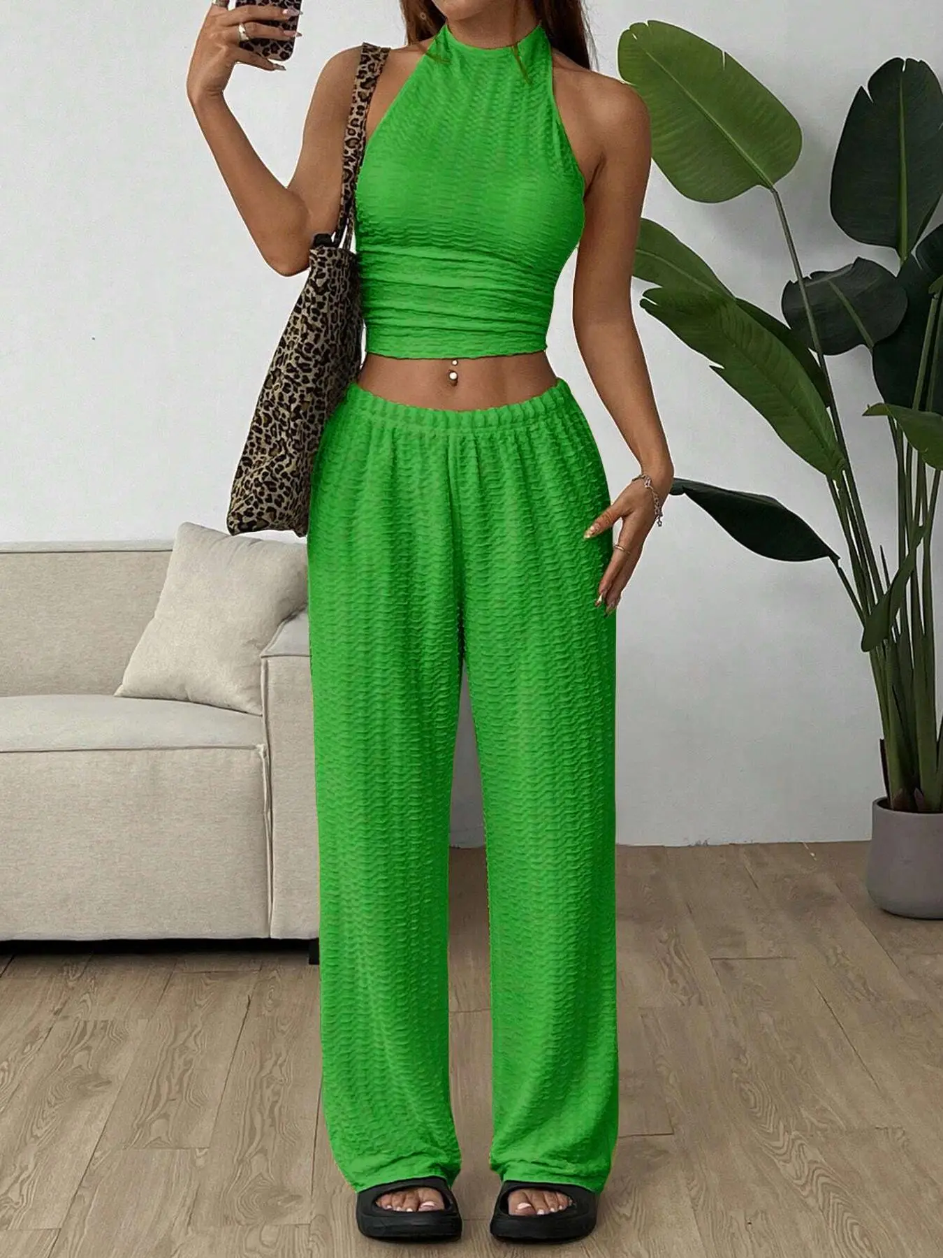 Women's Solid Color Crop Tank Top & Wide Leg Pants Two-piece Set, Casual Fashion Cozy Breathable Two Piece Outfits for Daily Wear, Ladies Clothes for All Seasons
