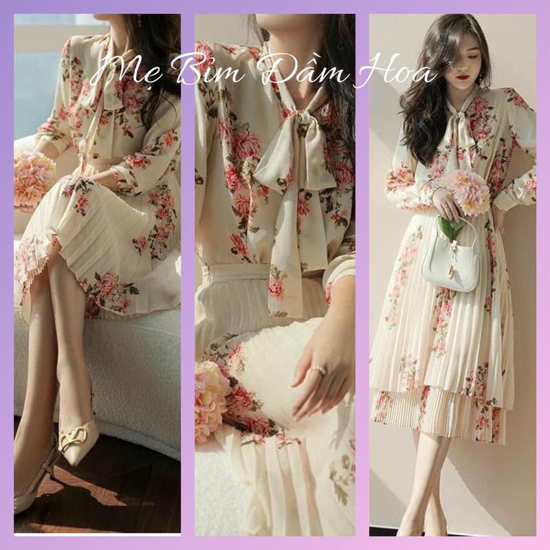  CHÂN VÁY 2 LỚP DẬP LY KÈM ÁO TAY DÀI NƠ CỔ  A110  dưới 55 kg  Voan 