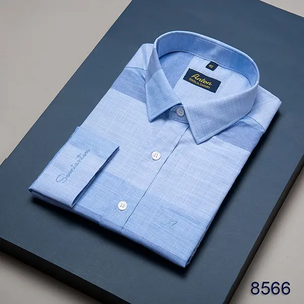 Áo Sơ Mi Nam Công Sở Trung Niên Anton Somianton Dài Tay Họa Tiết Kẻ Sọc Caro Xanh Menswear Shirt Cổ Tròn - 8566