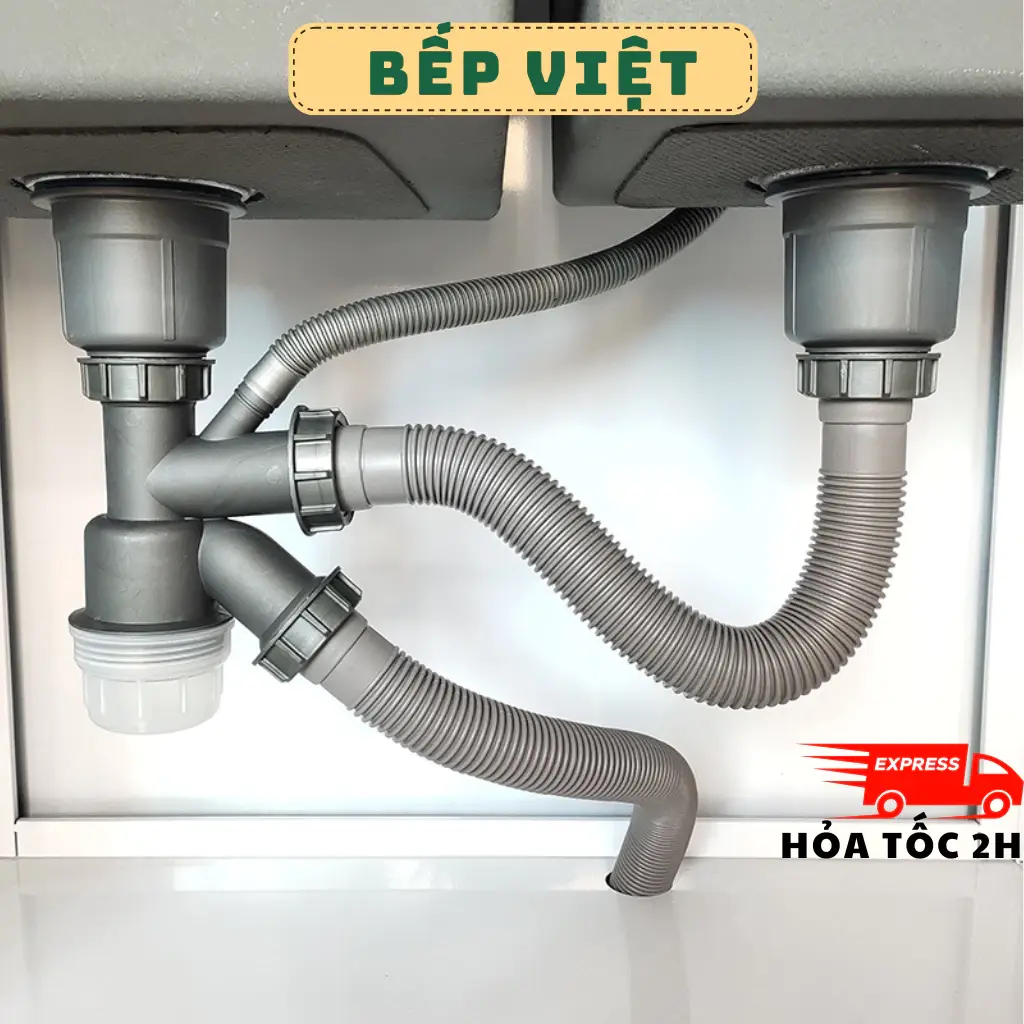 Bộ xi phông, ống xả thoát nước chậu rửa bát 2 hố, 1 hố nhựa xám cao cấp 110mm xả nước bồn rửa QM.PK177