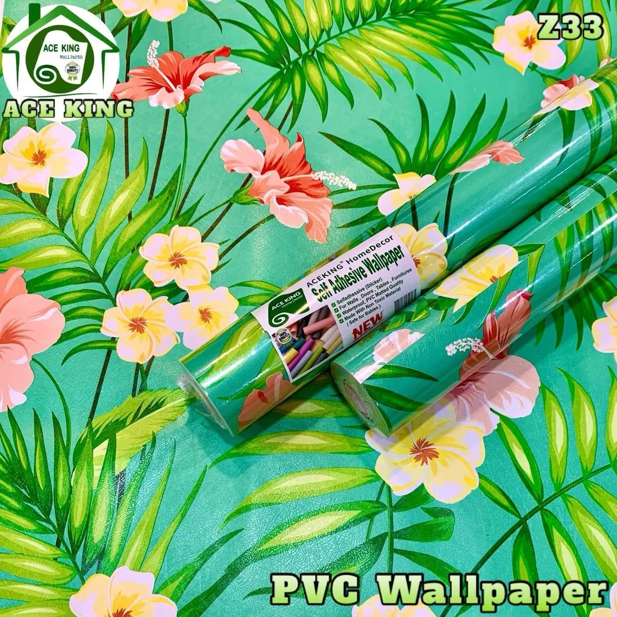 Z33 ( Actual Picture ) Colorful Green Floral Design PVC Matted Wallpaper 10meters x 45cm Selfadhessive and Waterproof Rubberized Wallsticker for Room , Furnitures Walls and Even Cr , Stain and Dust Resistant 3D print Walldecors trending bestseller quality