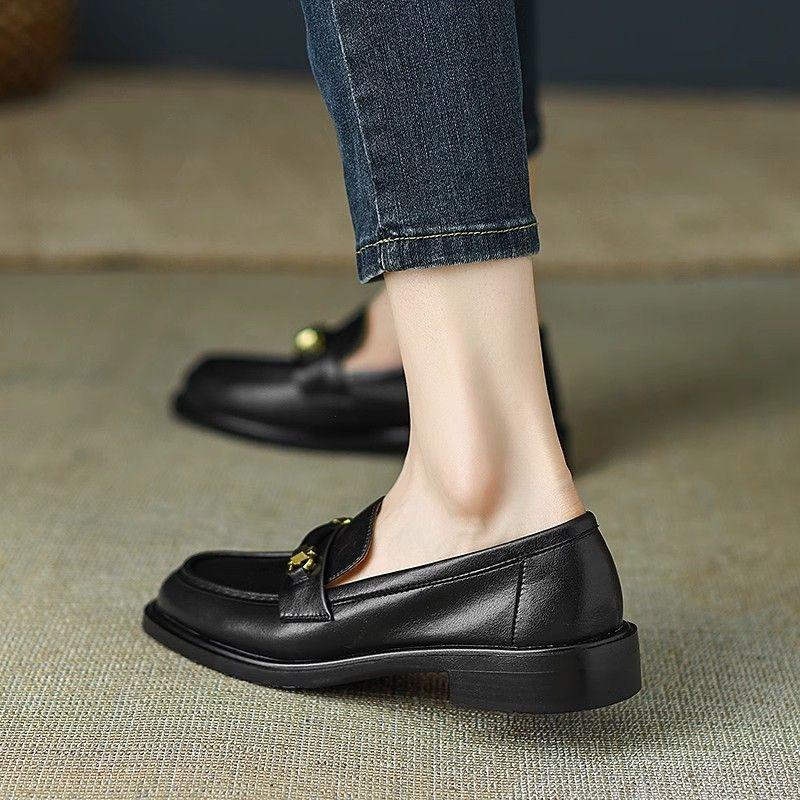 Product Introduction of Super Easy to Wear ~ Real Soft Leather round Toe Vintage Chunky Heel Loafers Women's Spring and Autumn New British Leather Shoes Mid-Heel Shoes 18