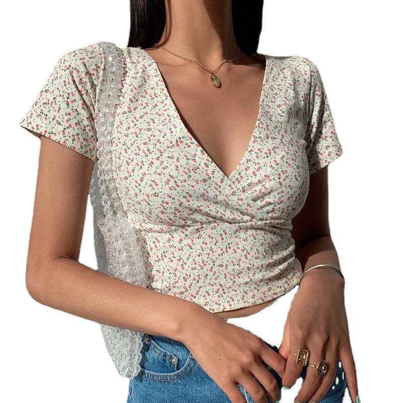 Áo Thun Hoa Cổ Điển Mỹ Cổ Chữ V Chéo, Dáng Ôm, Hở Eo Ngắn, Ngắn Tay, Áo Nữ, Thời Trang Mới Mùa Hè 5