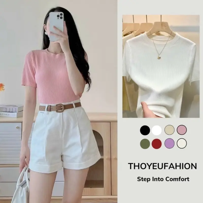Áo len cổ tròn tay cộc mix gì cũng đẹp