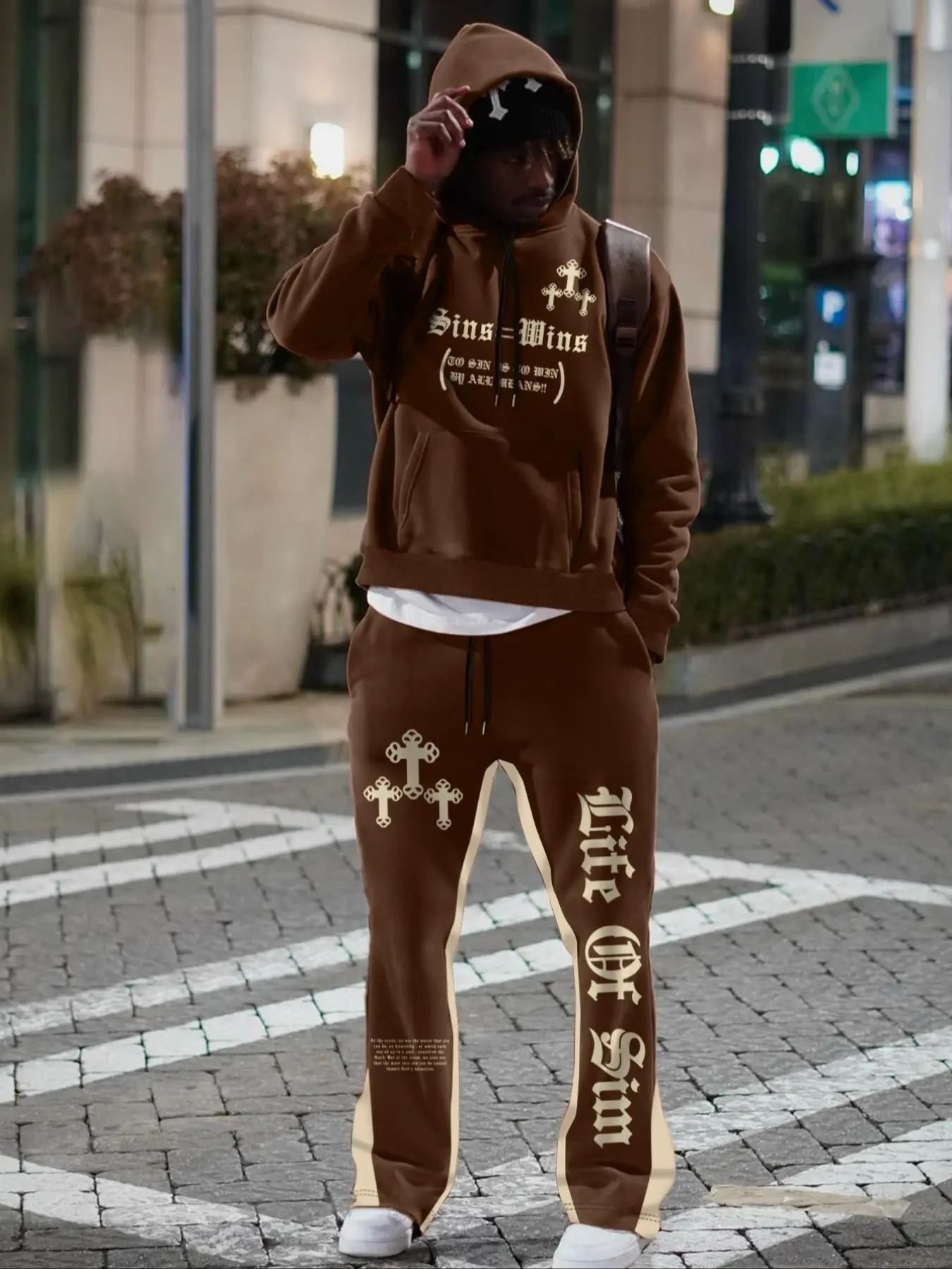 Men's Letter Print Kangaroo Pocket Hoodie & Drawstring Waist Sweatpants Two-piece Set, Street Fashion Cozy Breathable Two Piece Outfits for Daily Outdoor Wear, Men Clothes for Fall & Winter
