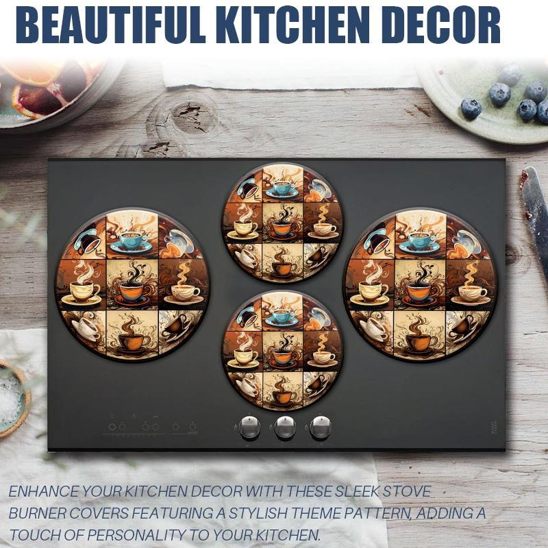 Coffee Cup Pattern Stove Top Protector, 4 Counts/set Metal Stove Burner Cover, Kitchen Accessories for Home Dining Room Coffee Shop 1