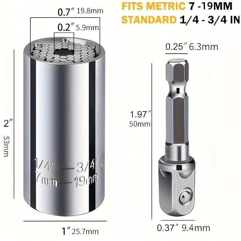 7-19mm Hexagonal Universal Socket Wrench, Power Drill & Ratchet Wrench Adapter, Durable & Compact Wrench Repair Kit for All DIY Tasks, Hardware Torque 1