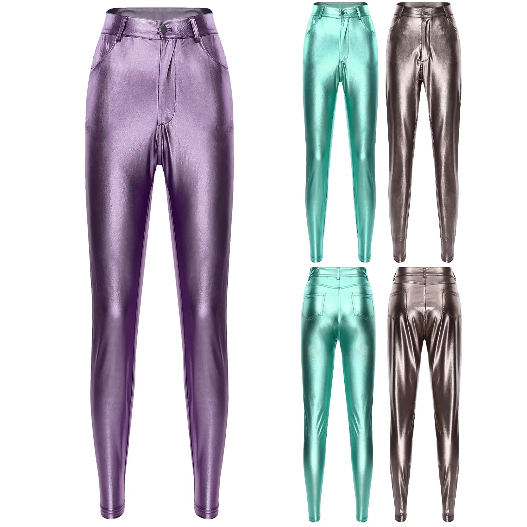 RUNQHUI Islamic  Womens Metallic Skinny Pants Fashion Zipper Fly Leggings with Pockets for Music Festival Raves Party Club