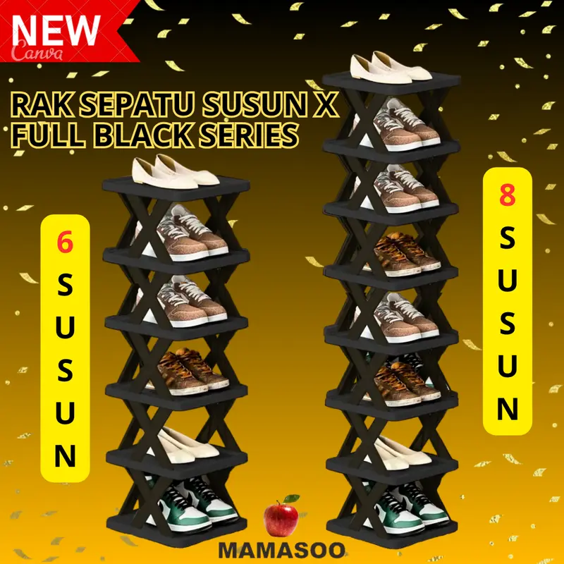Rak Sepatu & Sandal Susun Plastik Portable Aesthetic / Tempat Sepatu Susun 6 & 8 Susun [Full Black Series] 0
