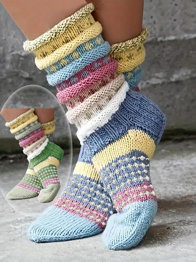 Product Introduction of Women's Colorful Striped Print Mid-calf Socks, Casual Soft Comfy Warm Socks for Fall & Winter, Women's Socks for Daily Wear 0