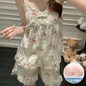 Set Piyama, Koleksi Baru Musim Panas, Kapas Awan Keriting Tenunan, Bra Terbina dalam, Sangat Selesa, Tali Boleh Laras, Pakaian Tidur, dengan Kemasan Renda Manis, Sesuai untuk Bersantai Rumah dan Menikmati Malam