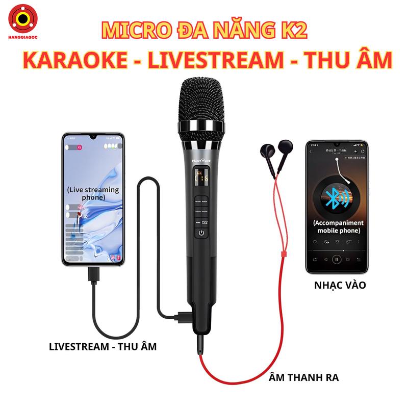Micro Karaoke Livestream Thu Âm K2 3in1 Tích Hợp soundcard Có Reverb Âm Thanh Hay Chuyên Nghiệp