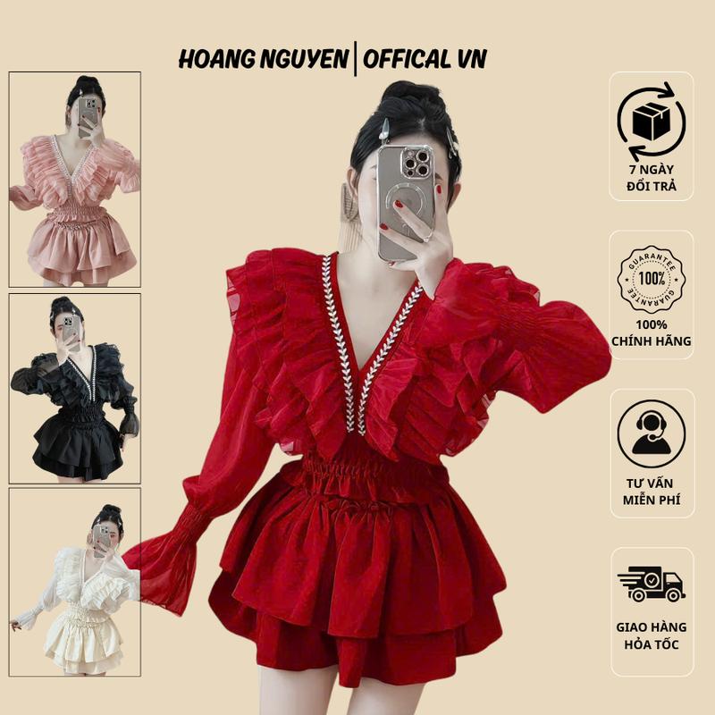  Sét bộ áo tay dài cổ V viền cổ đá  bèo nhúm eo  phối chân váy 2 tầng ngắn xòe có lót quần hot hit - U042 set  quanaodep Women Nữ Top Beo 