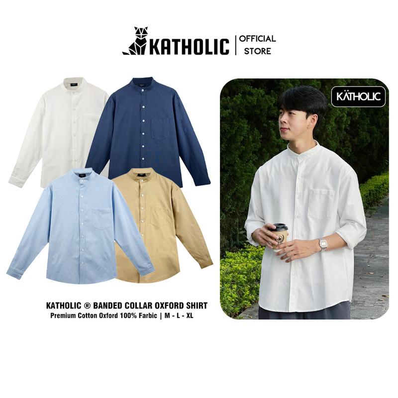 Áo Sơ Mi Trơn Tay Dài Nam Nữ Hàn Quốc Cổ Tàu Local Brand KATHOLIC Chất Liệu Oxford Form Rộng 4 Màu Trắng Kem, Navy, Xanh Blue, Trà Sữa KAT022 Menswear Shirt