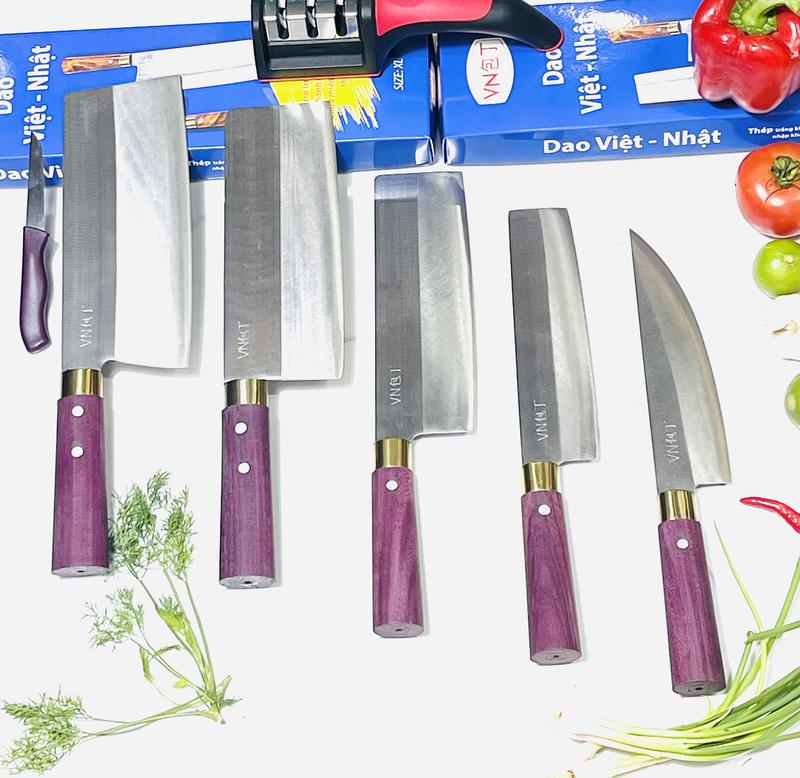 combo 5 dao nhà bếp thép trắng chống rỉ cán gỗ cẩm tím 1
